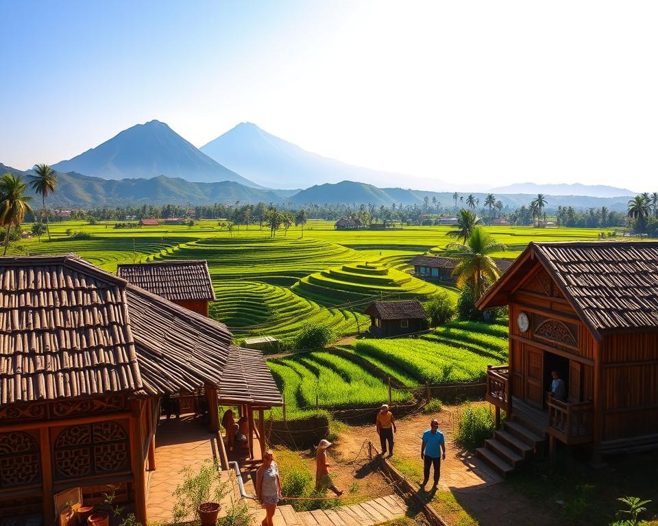 A scenic view of Flores Island, Indonesia, highlighting its rich history and cultural heritage. In the foreground, traditional Indonesian houses built from bamboo and wood, adorned with intricate carvings. The middle ground features lush green rice paddies, terraced beautifully, with farmers wearing modest casual clothing tending to the fields. In the background, majestic volcanic mountains rise under a clear blue sky, with soft, warm sunlight illuminating the landscape. The atmosphere is serene and vibrant, evoking a sense of tranquility and connection to nature. Capture this scene from a slightly elevated angle to encompass the expansive beauty of the island, using natural lighting to enhance warm colors and create depth.