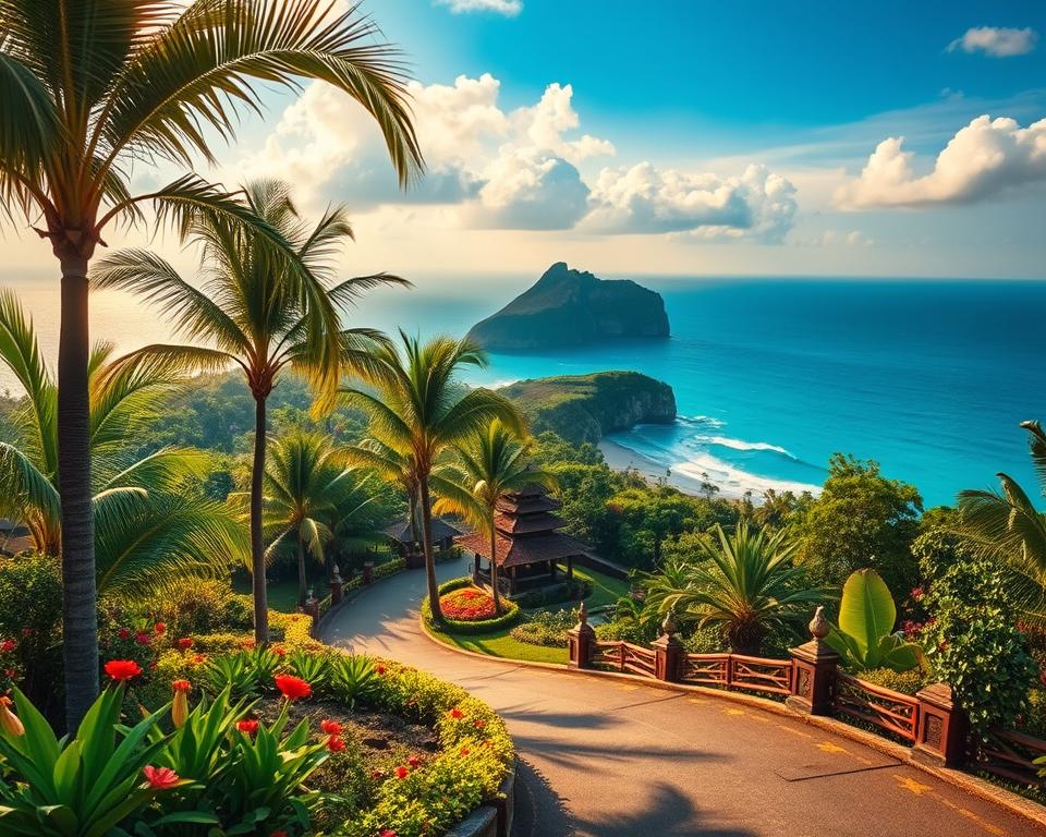 A scenic view of Jimbaran, Indonesia, showcasing beautiful travel routes through lush tropical landscapes. In the foreground, a winding path lined with vibrant green palm trees and colorful local flowers. In the middle ground, traditional Balinese architecture, featuring ornate temples and charming villas nestled among the greenery. In the background, majestic cliffs rising above a sparkling turquoise ocean under a radiant sunset sky, creating a serene and inviting atmosphere. Soft, warm lighting casts gentle shadows, enhancing the natural beauty of the scene. The composition conveys a sense of adventure and tranquility, encouraging exploration of this perfect vacation destination.