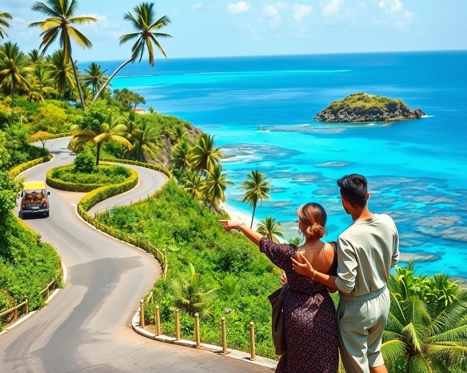 A scenic view of a tropical landscape in Bali, featuring a winding road leading to remarkable diving spots along the coast. In the foreground, a stylish, modestly dressed couple points towards the ocean, looking excited and ready for an adventure. The middle ground showcases vibrant greenery and lush palm trees, typical of Bali's natural beauty. In the background, crystal-clear turquoise waters playfully lap against colorful coral reefs, with a few small fishing boats dotting the horizon. The scene is bathed in warm, natural sunlight, creating a welcoming atmosphere, with soft shadows adding depth. Use a wide-angle lens to capture the expansive beach scenery, ensuring a bright and uplifting mood that conveys anticipation for exploring the underwater world.