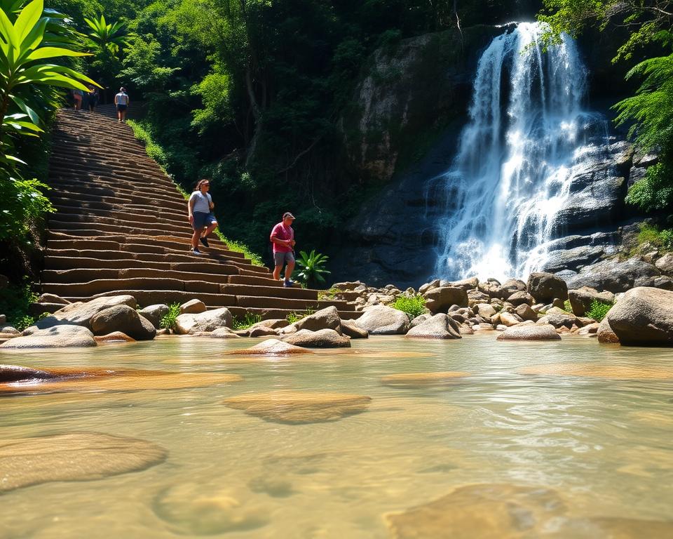 A scenic view of the Sekumpul waterfall trek, featuring a series of natural stone steps leading through lush, vibrant greenery. In the foreground, clear water from a winding river flows gently across smooth stones, reflecting sunlight. The middle ground showcases hikers in modest casual clothing, focusing on their ascent, capturing the determination required for this hike. The background features the towering Sekumpul waterfalls cascading dramatically down rocky cliffs, surrounded by dense tropical foliage, under dappled sunlight filtering through the canopy. The mood is adventurous and serene, with a warm, inviting atmosphere, evoking the thrill of exploration in nature. The scene is captured from a slightly elevated angle to give a sense of depth and the majesty of the landscape.