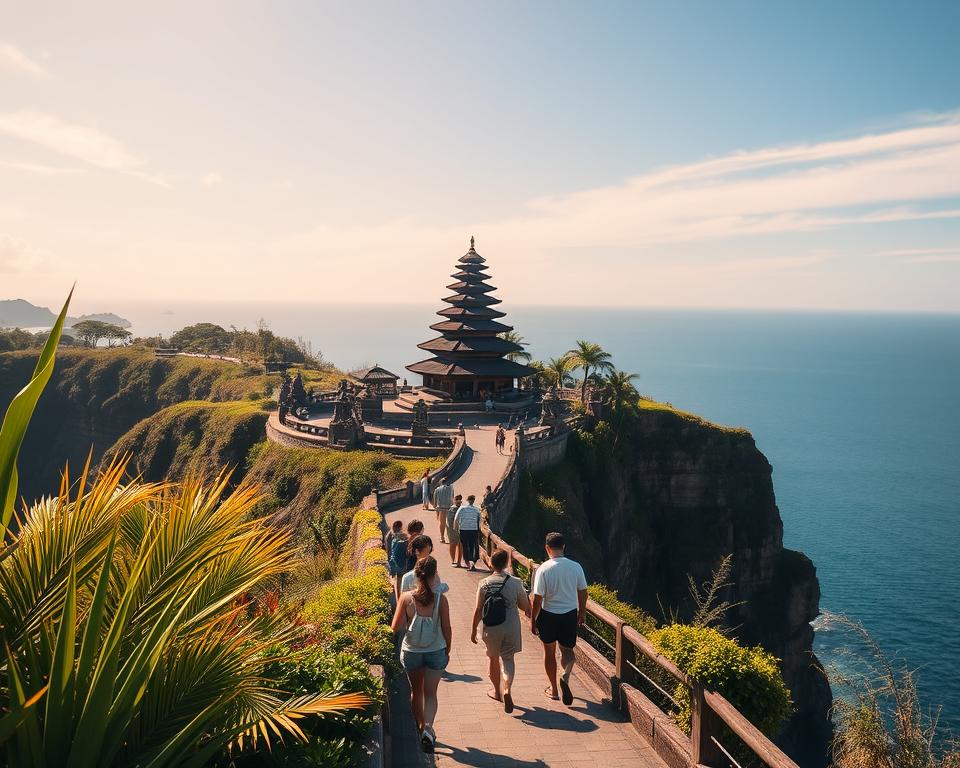 A scenic view of the Uluwatu Temple on Bali, showcasing its stunning clifftop location overlooking the ocean. In the foreground, lush tropical vegetation and rocky cliffs enhance the natural beauty, while visitors in modest, casual clothing can be seen walking along a well-maintained pathway towards the temple entrance. The middle ground features the iconic Balinese architecture of the temple itself, with intricately carved stone structures and traditional temple decorations. In the background, the vast blue ocean and a sky filled with warm, golden sunlight create a serene and inviting atmosphere. The image should be captured from a slightly elevated angle, emphasizing the dramatic cliffs and ocean views, while warm lighting enhances the tranquil mood of a sunny day on Bali.
