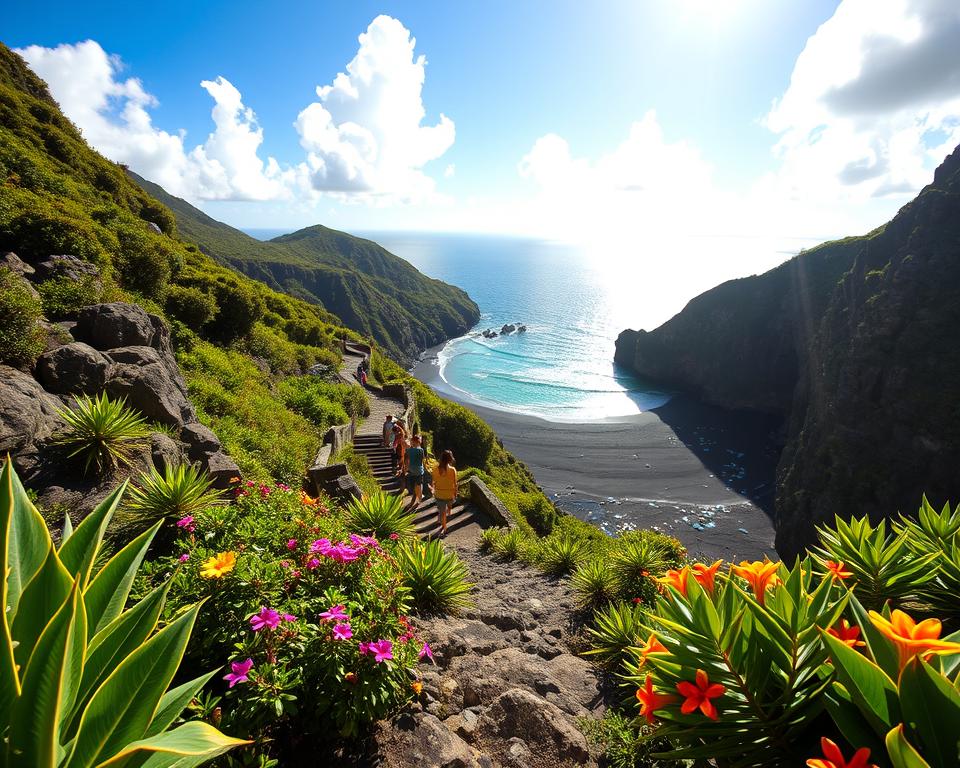 A scenic view of the descent to Diamond Beach on Nusa Penida, featuring a rugged, natural staircase leading down from lush green cliffs. In the foreground, tropical plants and vibrant flowers frame the path, adding color and life. The middle ground showcases a winding trail with travelers dressed in modest, casual attire, capturing the excitement of adventure. The background reveals the stunning beach with glistening black sand scattered with glistening pieces of crystal-like stones, all under a bright blue sky filled with fluffy white clouds. The sunlight casts warm, inviting rays, enhancing the tranquil and breathtaking atmosphere of this hidden gem. The image should be captured from a slight angle to emphasize depth and perspective.