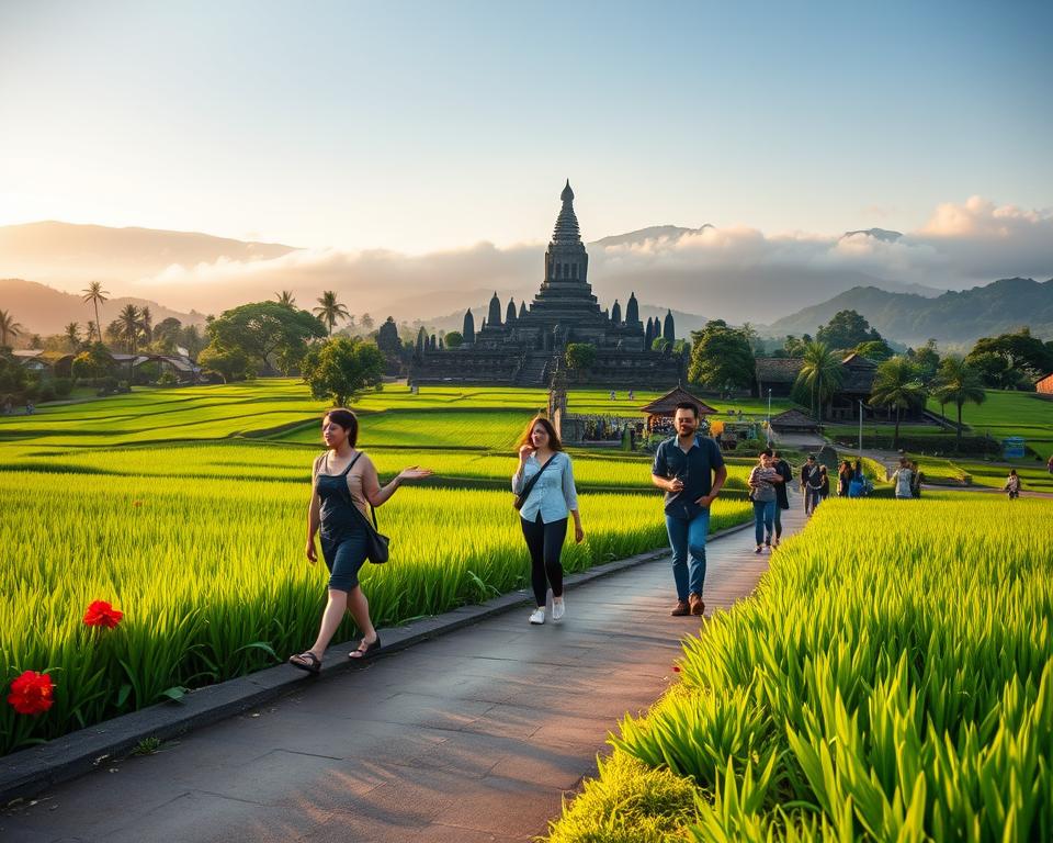 A scenic view of the journey to Borobudur in Java, showcasing lush green rice paddies leading up to the majestic temple in the background. In the foreground, a paved pathway framed by vibrant tropical flora, guiding visitors walking in smart casual attire. The middle ground features a glimpse of traditional Indonesian villages, with friendly locals waving and engaging in daily activities. The background boasts the iconic silhouette of Borobudur, bathed in the soft golden light of the early morning sun, highlighting its intricate stone carvings. The atmosphere is serene and inviting, with mist gently rolling off the hills, enhancing the sense of adventure and discovery as travelers embark on this unique experience. The perspective is slightly elevated, capturing the depth of the landscape, lending a sense of grandeur to the scene.