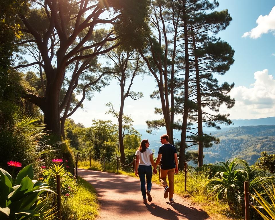 A scenic view of the journey to the Sangeh Monkey Forest in Bali. In the foreground, a winding dirt path lined with lush greenery and tropical plants, sprinkled with vibrant flowers. A couple, dressed in casual yet stylish clothing, are walking hand in hand, capturing the essence of exploration and adventure. In the middle ground, tall, dense trees create a canopy overhead, casting dappled sunlight on the path, enhancing the sense of mystery and tranquility. The background features distant hills and a bright blue sky, with fluffy white clouds drifting lazily. The lighting is warm and inviting, evoking a serene and peaceful atmosphere, perfect for an outdoor excursion into nature. The angle is slightly elevated, showcasing both the couple and the breathtaking surroundings.