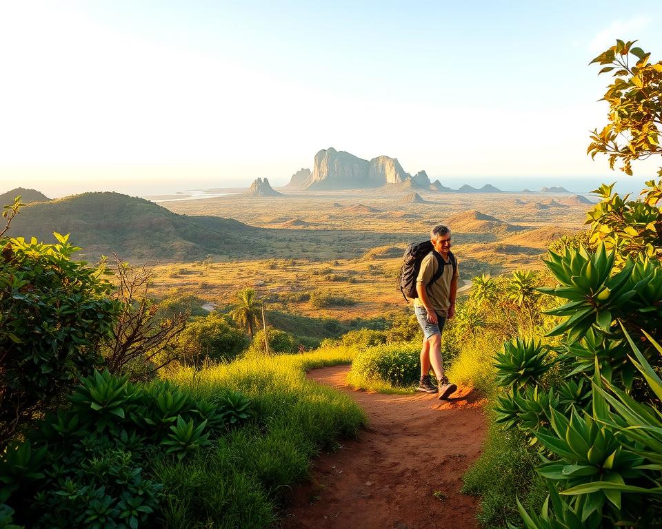 A scenic view of trekking trails in Loh Liang, Komodo National Park, showcasing lush green vegetation and unique geological formations. In the foreground, a winding path invites hikers, bordered by vibrant tropical flora. The middle ground features a diverse landscape with rolling hills and unique rock formations, indicative of the park's rugged terrain. In the background, the silhouette of Komodo Island looms under a clear sky, highlighting the natural beauty of the area. Soft, warm lighting casts a golden hue on the scenery, evoking a sense of adventure and tranquility. Capture this stunning scene with a wide-angle lens from a low perspective to emphasize the scale and allure of the trails. The overall atmosphere is peaceful, inviting, and inspiring for hiking enthusiasts.