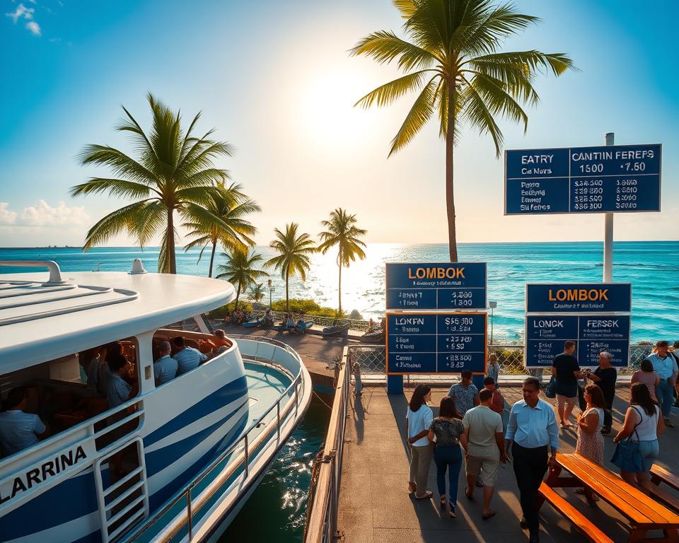 A scenic view showcasing the ferry terminal in Bali with ferries ready for departure to Lombok. In the foreground, a modern ferry boat with blue and white stripes docked at a clean, vibrant terminal. Passengers in modest casual clothing are boarding, expressing excitement and anticipation. The middle ground features lush green palm trees swaying gently in the breeze, with various signs displaying ferry schedules and prices, all in a professional style. The background reveals the clear, turquoise waters of the ocean under a soft golden sun, conveying a warm, inviting atmosphere. The lighting is bright and cheerful, emphasizing a picturesque day for travel. The image conveys a sense of adventure and relocation between the two beautiful Indonesian islands. A scenic view showcasing the ferry terminal in Bali with ferries ready for departure to Lombok. In the foreground, a modern ferry boat with blue and white stripes docked at a clean, vibrant terminal. Passengers in modest casual clothing are boarding, expressing excitement and anticipation. The middle ground features lush green palm trees swaying gently in the breeze, with various signs displaying ferry schedules and prices, all in a professional style. The background reveals the clear, turquoise waters of the ocean under a soft golden sun, conveying a warm, inviting atmosphere. The lighting is bright and cheerful, emphasizing a picturesque day for travel. The image conveys a sense of adventure and relocation between the two beautiful Indonesian islands.