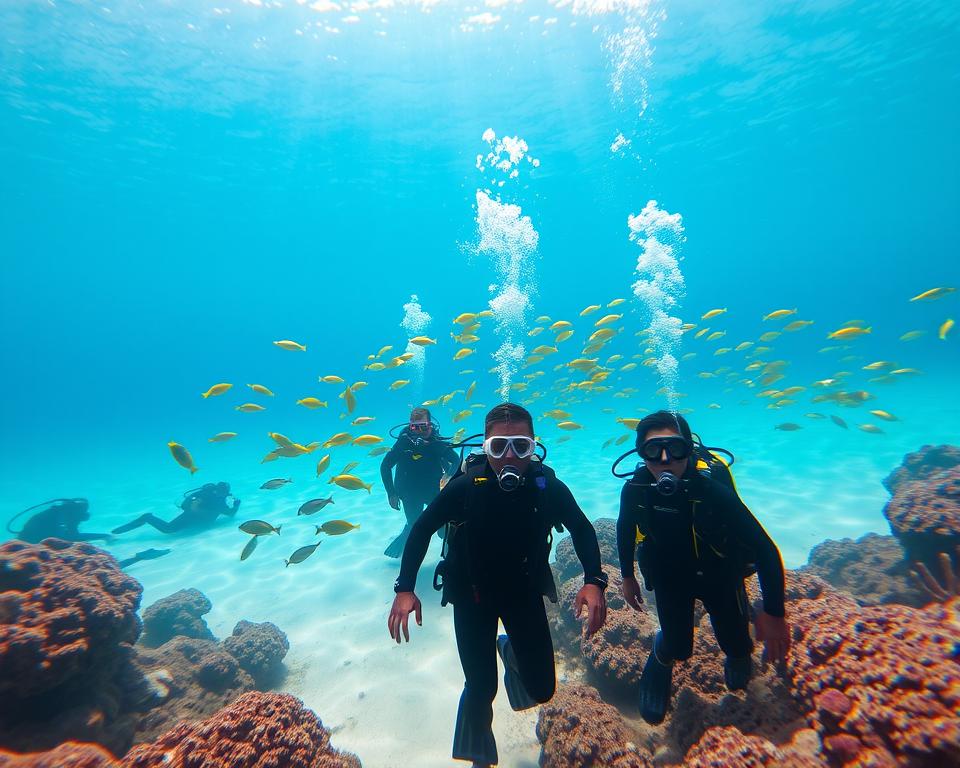 A serene Bali diving site featuring a vibrant coral reef teeming with colorful marine life. In the foreground, a group of divers in modest wetsuits, equipped with diving gear, explore the underwater world, their bubbles rising towards the surface. In the middle ground, schools of tropical fish weave between the corals, showcasing bright yellows, blues, and oranges. The background reveals the sun filtering through the crystalline water, creating a dappled light effect on the sandy ocean floor. The atmosphere is tranquil and inviting, highlighting the beauty and accessibility of Bali's underwater ecosystem. Shot from a slight upward angle to capture the vastness of the diving site and the luminous colors of the sea. The image has a clear, well-lit appearance to evoke a sense of safety and wonder in underwater exploration.