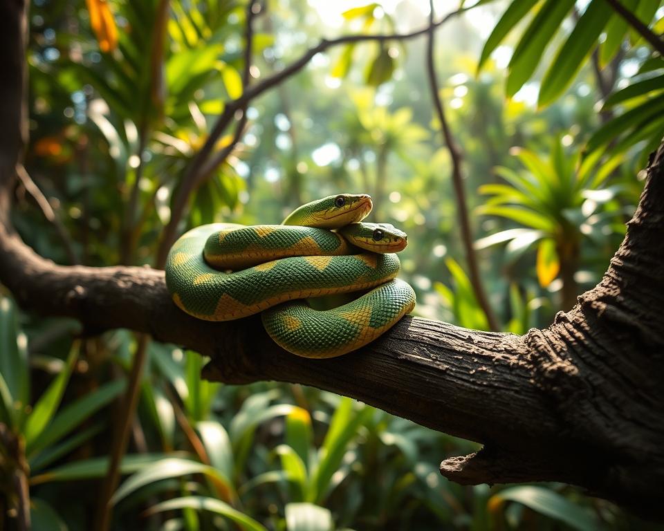 A serene Balinese forest setting with diverse vegetation, showcasing a close-up view of two non-venomous snakes coiled together on a sun-dappled tree branch. The snakes should feature vivid colors, like green and yellow patterns, emphasizing their harmless nature. In the background, glimpses of tropical flora fill the scene, with soft, filtered sunlight penetrating through the leaves, creating a warm and inviting atmosphere. Focus on the intricate details of the snakes’ scales and the textures of the bark they rest upon. The perspective should be at eye level to engage the viewer, capturing the tranquil essence of Bali’s rich biodiversity while avoiding any elements that suggest danger or toxicity. The overall mood should feel peaceful and natural, celebrating the beauty of these non-venomous species.