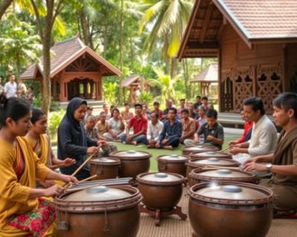 A serene Gamelan performance set in a lush, traditional Indonesian village. In the foreground, a diverse group of musicians in modest, colorful attire plays beautifully crafted instruments, such as metallophones and gongs, showcasing their cultural etiquette, like respectful posture and focused expressions. The middle ground features an audience of local villagers seated on woven mats, observing attentively, reflecting a sense of appreciation and reverence for the performance. The background includes intricately designed wooden structures characteristic of Indonesian architecture, surrounded by tropical greenery. Soft, warm sunlight filters through the trees, casting gentle shadows for a tranquil atmosphere. The composition is captured from a slightly elevated angle to encompass the musicians and audience, emphasizing the cultural connection in this lively yet respectful setting.