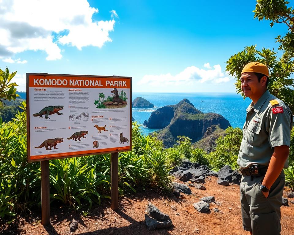 A serene and informative scene set in Loh Liang, Komodo National Park, featuring a clear, bright day. In the foreground, a professional park ranger in modest casual clothing stands beside a vibrant informational sign depicting safety guidelines for visitors, with vivid illustrations of native wildlife, including the famous Komodo dragon. The middle ground includes lush, green foliage and scattered volcanic rocks that hint at the unique landscape of the park. In the background, a glimpse of the rugged cliffs and sparkling blue waters of the surrounding islands can be seen, under a bright blue sky with a few fluffy clouds. The overall atmosphere is calm and educational, conveying safety and respect for nature, with natural lighting highlighting the colors and details of the environment.