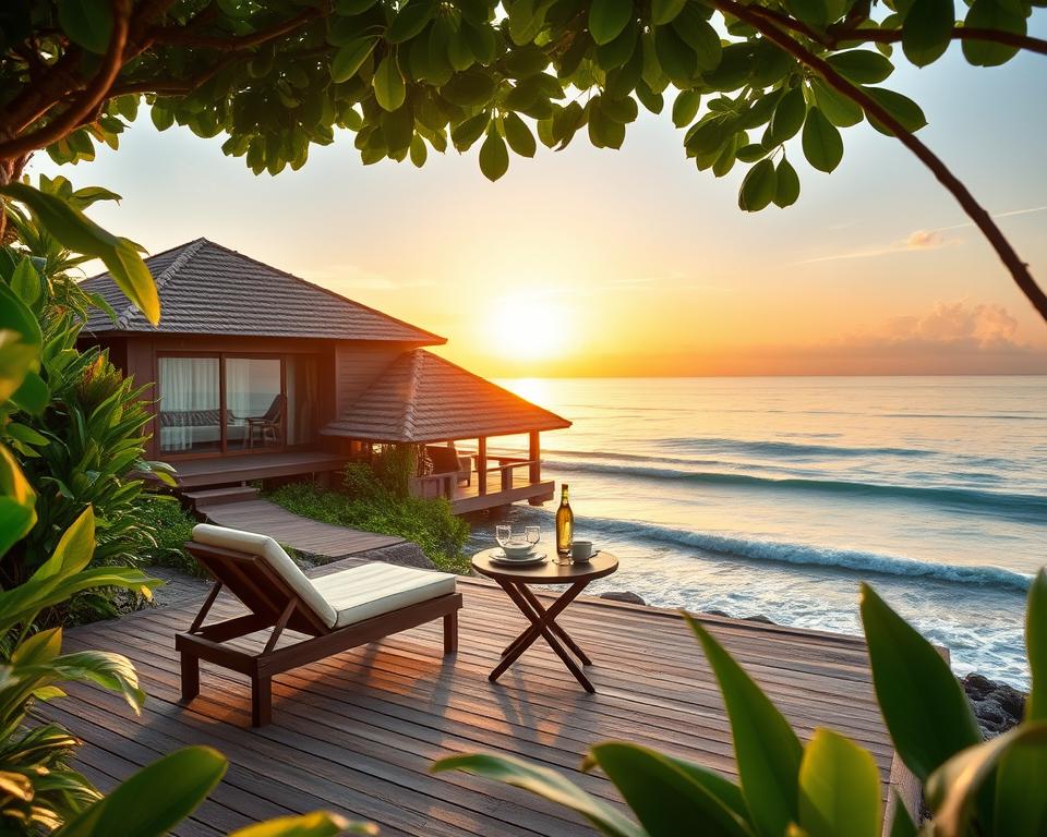 A serene and inviting accommodation scene nestled on the shores of Bali, depicting a charming beachfront bungalow surrounded by lush tropical greenery. In the foreground, a wooden deck with comfortable lounge chairs and a small, elegantly set table inviting guests to relax. In the middle ground, the bungalow features traditional Balinese architectural elements, with thatched roofing and large windows that open to stunning ocean views. The background showcases a stunning sunset, casting warm golden and orange hues over the calm sea, enhancing the tranquil atmosphere. Soft, diffused lighting enhances the inviting mood, as gentle waves lap at the shore. The scene captures the essence of relaxation and adventure, ideal for those planning their snorkelling trip to explore Bali's vibrant underwater world.