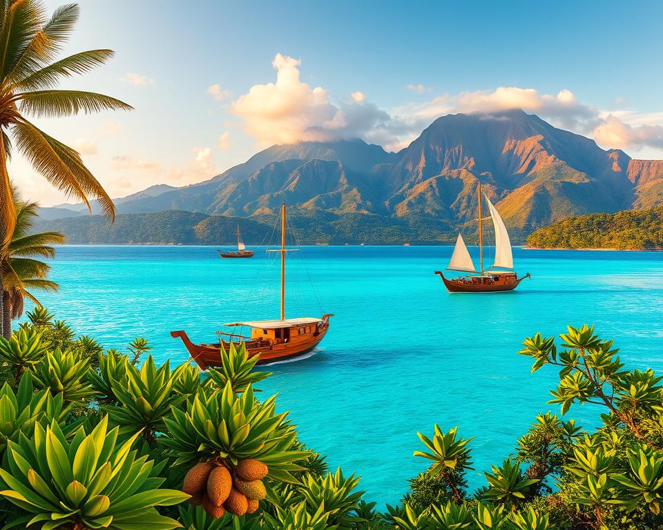 A serene and lush landscape of the Spice Islands, featuring vibrant greenery with nutmeg and cloves in the foreground, interspersed among tropical trees. In the middle ground, traditional wooden spice trading boats are gently sailing on a crystal-clear blue sea, showcasing the rich maritime history. In the background, dramatic volcanic mountains rise majestically, shrouded in wisps of mist, under a soft, golden sunset that casts warm light across the scene. The atmosphere is tranquil yet evocative of adventure, with the gentle waves providing a rhythmic sound. Use a wide-angle lens to capture the expansive beauty of this historical place, ensuring a vivid, almost dreamlike quality to the lighting that highlights the importance of these islands in the spice trade.