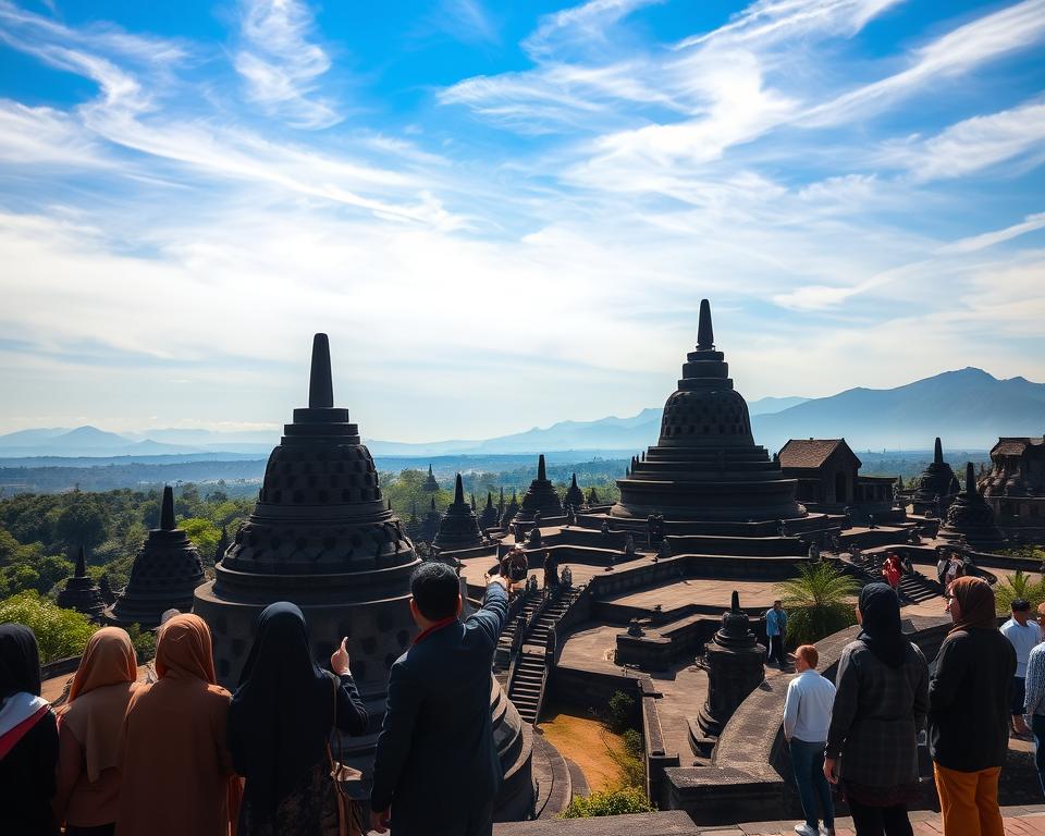 A serene and majestic view of Borobudur Temple on the island of Java, Indonesia, surrounded by lush greenery and distant volcanoes. In the foreground, a group of visitors in modest clothing is seen admiring the intricate stone carvings, with one individual pointing toward a stupa. The middle ground reveals the temple's multi-tiered structure, showcasing its 504 Buddha statues and elaborate relief panels. The background features a clear blue sky with wispy clouds, casting soft sunlight that gently illuminates the scene. The perspective is slightly elevated, giving a panoramic view of the temple and surrounding landscape. The mood is tranquil and inviting, emphasizing the cultural significance and beauty of this UNESCO World Heritage site.