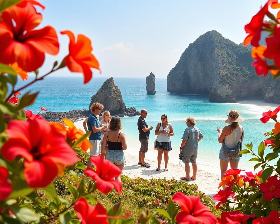 A serene and picturesque view of Diamond Beach on Nusa Penida, showcasing the stunning turquoise waters and white sandy shores. In the foreground, brightly colored tropical flowers like hibiscus and bougainvillea frame the scene, adding vibrancy. In the middle ground, a group of tourists in modest casual clothing are observing the beach, taking notes, and calculating costs for their visit, with a friendly atmosphere around them. The background features towering cliffs covered in lush greenery, with the iconic rock formations of Diamond Beach rising majestically from the ocean. Soft, warm sunlight bathes the scene, creating a tranquil and inviting mood, captured with a wide-angle lens to emphasize the expansive beauty of the landscape.