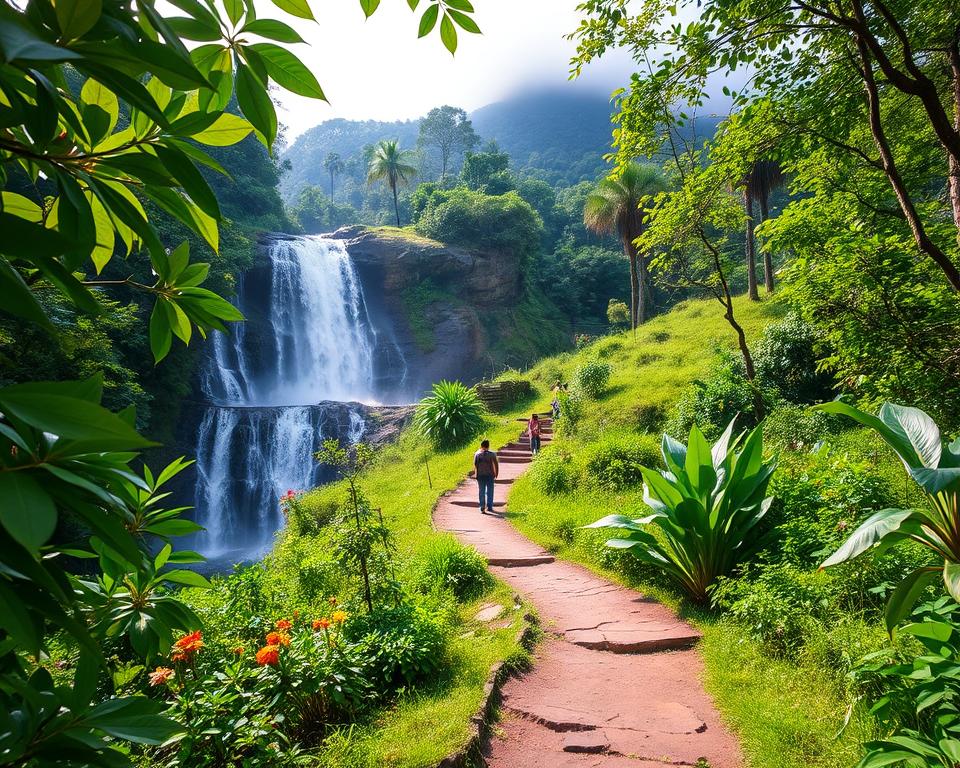 A serene and vibrant landscape featuring the Sekumpul Waterfall, set in Bali, Indonesia. In the foreground, lush green foliage frames the cascading waterfalls, allowing glimpses of crystal-clear water tumbling down rocky ledges. The middle ground showcases a winding path leading to the falls, surrounded by rich tropical vegetation and scattered colorful flowers. In the background, the dense jungle rises, enveloped in a misty atmosphere, hinting at the lush nature of the surroundings. Soft sunlight filters through the canopy, casting dappled shadows on the path, creating a tranquil ambiance. The scene captures the breathtaking beauty of the journey to the waterfall, evoking a sense of adventure and peace, emphasizing a stress-free travel experience. The composition aims for a wide-angle perspective that immerses viewers in the lush environment, inviting them to explore this hidden gem.