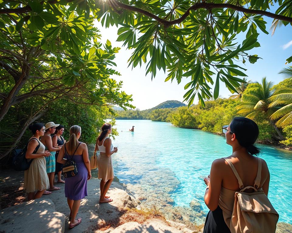 A serene and vibrant scene of Menjangan Island showcasing sustainable tourism practices. In the foreground, a group of diverse tourists dressed in modest casual attire explores the lush landscape, interacting with local flora. The middle ground features a clear, vibrant blue lagoon where snorkeling and eco-friendly activities take place, with coral reefs visible beneath the surface. In the background, dense green mangroves and palm trees create a tranquil atmosphere, under a clear sky with soft golden sunlight filtering through the leaves. The image should evoke a sense of harmony with nature, highlighting eco-conscious travel, with a wide-angle lens perspective that captures the beauty and ecological richness of the location.