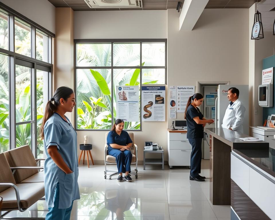 A serene and well-equipped medical clinic on the island of Bali, featuring a modern reception area with friendly staff in professional attire. In the foreground, a nurse is assisting a patient, showcasing a calm and supportive environment. The middle ground displays comfortable waiting chairs, a variety of medical posters on the walls about snakebite treatment, and a small consultation room equipped with medical gadgets and supplies. The background captures lush greenery through large windows, hinting at the tropical setting outside. Soft, natural lighting filters in, creating an inviting atmosphere. The composition emphasizes a sense of safety and professionalism in medical care on Bali, suitable for emergencies related to snake encounters.