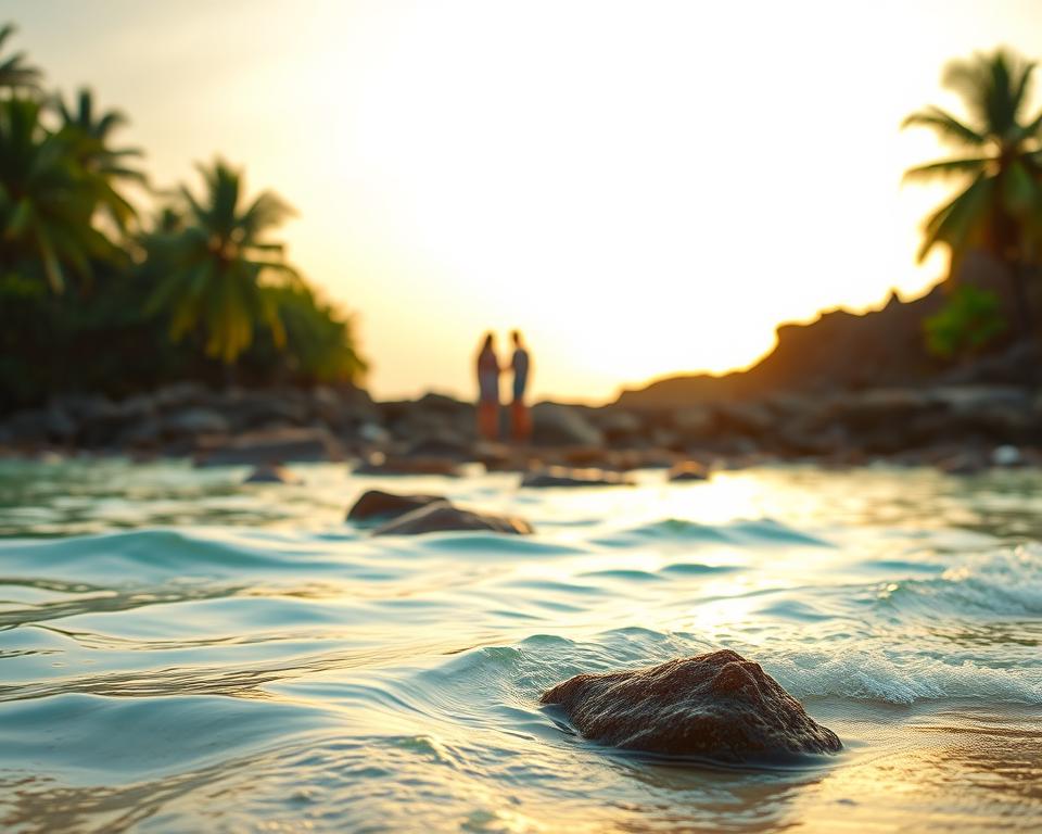 A serene beach scene on Bali, focusing on the turquoise waters and gentle waves lapping at the shore. In the foreground, small rock formations emerge from the sand, partially submerged in the water, providing a sense of depth and natural beauty. In the middle ground, a couple of visitors are enjoying the view, dressed in modest casual clothing, while cautiously observing the ocean. The background features lush green palm trees swaying in a light breeze, with a soft sunset casting warm golden hues across the sky. The lighting is soft and warm, enhancing the tranquil atmosphere while hinting at the potential dangers of the sea. The angle is a slightly elevated view, capturing the vastness of the water and the beauty of the surrounding landscape. A serene beach scene on Bali, focusing on the turquoise waters and gentle waves lapping at the shore. In the foreground, small rock formations emerge from the sand, partially submerged in the water, providing a sense of depth and natural beauty. In the middle ground, a couple of visitors are enjoying the view, dressed in modest casual clothing, while cautiously observing the ocean. The background features lush green palm trees swaying in a light breeze, with a soft sunset casting warm golden hues across the sky. The lighting is soft and warm, enhancing the tranquil atmosphere while hinting at the potential dangers of the sea. The angle is a slightly elevated view, capturing the vastness of the water and the beauty of the surrounding landscape.