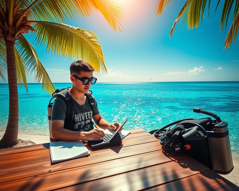 A serene beach scene on Bali showcasing a diver planning a diving budget. In the foreground, a diver is seated at a wooden table with a notepad, calculator, and diving gear organized neatly. The diver, dressed in modest casual clothing, is focused and taking notes. In the middle ground, the turquoise ocean glistens under the warm, golden sunlight, with coral reefs visible through crystal-clear water. Schools of colorful fish swim gracefully. In the background, lush green palm trees frame the scene against a clear blue sky, creating a tropical paradise atmosphere. Soft, warm lighting enhances the cheerful, tranquil mood, inviting viewers to explore the costs and wonders of diving in Bali. The image captures the essence of budgeting for an exciting underwater adventure.