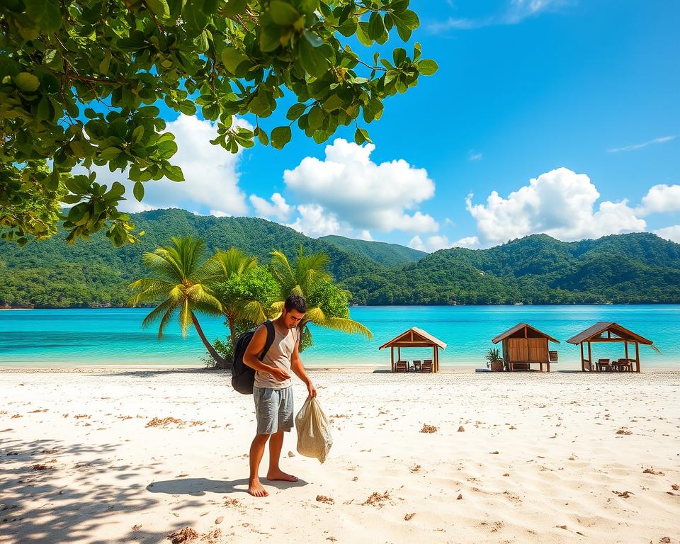 A serene beach scene on Gili Asahan, showcasing sustainable travel practices. In the foreground, a traveler in modest casual attire is engaged in a beach clean-up, collecting plastic waste. The middle ground features a pristine shoreline with crystal-clear turquoise waters and a few eco-friendly wooden huts surrounded by lush green palm trees. In the background, gentle hills covered in tropical foliage rise under a bright blue sky, with fluffy white clouds drifting lazily. Soft, warm sunlight filters through the leaves, casting dappled shadows on the sand. The atmosphere is peaceful and inviting, reflecting the harmony between nature and mindful tourism. Use a wide-angle lens to capture the expansive beauty of the landscape, emphasizing the connection to the environment. The overall mood is one of tranquility and responsibility, perfect for highlighting sustainable travel.