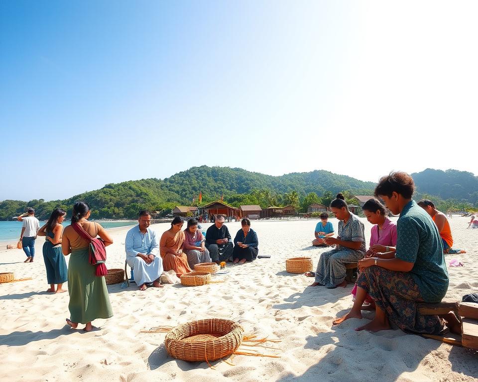 A serene beach scene on Gili Asahan, showcasing the vibrant local culture. In the foreground, a group of diverse individuals in modest casual clothing are engaged in traditional crafts, such as weaving and painting. The middle ground features a small, charming village with traditional wooden huts and colorful flags fluttering in the gentle breeze. In the background, lush green hills and a bright blue sky enhance the tropical atmosphere, while soft sunlight casts a warm glow over the scene. Capture the essence of Indonesian culture through intricate details, like the patterns on crafts and textiles. Aim for a lively yet peaceful mood, with a wide-angle view that invites the viewer into this cultural experience.