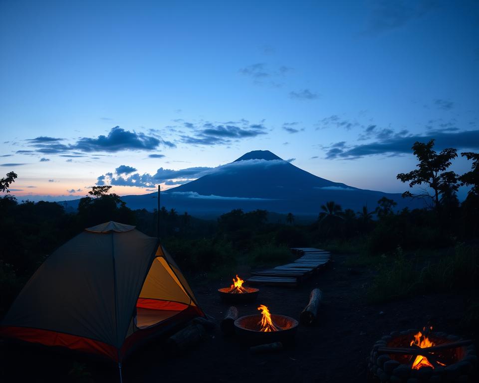 A serene camping scene at the base of Mount Agung at twilight. In the foreground, a cozy tent emits a warm glow from within, surrounded by a few scattered logs and a small campfire flickering with orange flames. The middle ground reveals lush greenery and a rustic wooden path leading towards the volcano. In the background, the majestic silhouette of Mount Agung towers against a deepening blue sky, sprinkled with soft clouds illuminated by the setting sun. The atmosphere is tranquil, capturing the essence of adventure and relaxation. The image should have a focus on natural beauty, with soft, diffused lighting to enhance the peaceful mood. Use a slightly elevated angle to capture the tent’s warmth against the grandeur of the volcano.