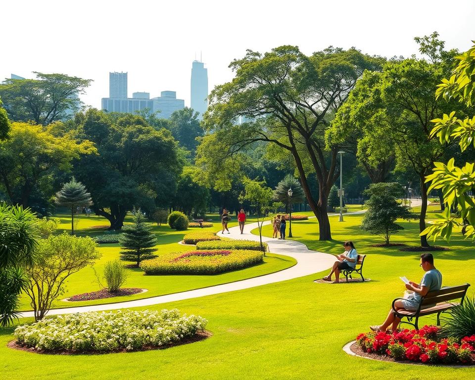 A serene city park in Jakarta, showcasing lush green landscapes with a variety of trees and well-maintained flowerbeds in the foreground. In the middle, a tranquil pathway winds through the park, lined with benches where people in modest casual clothing are enjoying their time, engaging in leisurely activities like reading and jogging. In the background, the skyline of Jakarta rises, blending natural greenery with urban architecture, under a bright and sunny sky. The lighting is warm and inviting, casting soft shadows on the ground. The atmosphere is peaceful and rejuvenating, embodying a green oasis amidst the bustling city life. The scene captures the essence of urban parks as essential havens of nature and tranquility.