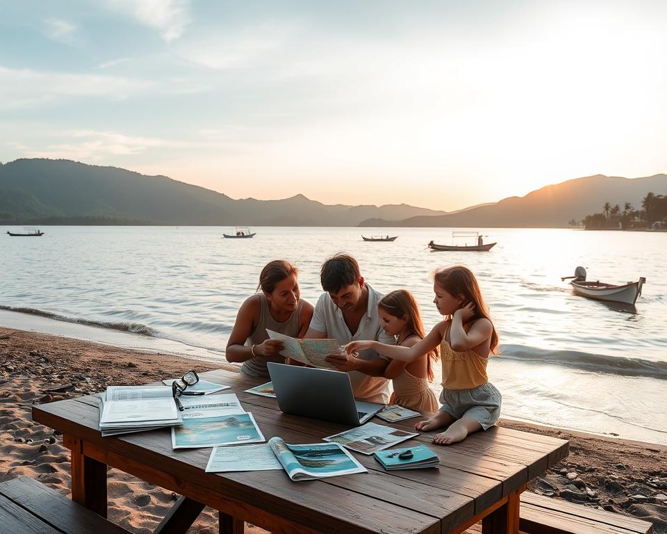 A serene coastal scene in Lovina, Indonesia, showcasing a tranquil beach at sunset. In the foreground, a family of four, dressed in modest beach attire, is huddled around a wooden table filled with travel brochures, maps, and a laptop, symbolizing budget planning. The parents are discussing while the children point excitedly at a map. In the middle ground, the calm waves gently lap against the shore, with a few traditional fishing boats bobbing in the water. In the background, the lush green hills of Bali rise, with traces of palm trees silhouetted against the warm hues of the setting sun. The atmosphere is relaxed and inviting, with soft, golden lighting casting long shadows, captured from a slightly elevated angle to emphasize the coastline and family interaction.
