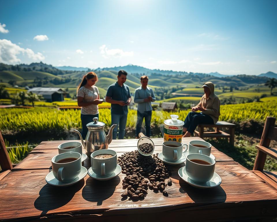 A serene coffee culture scene set in the Tobasee region of Sumatra. In the foreground, a rustic wooden table holds a traditional Indonesian coffee setup, including steaming cups, a coffee pot, and rich, aromatic coffee beans scattered artfully. The middle ground features local residents dressed in modest, casual attire, engaged in the preparation and tasting of coffee, showcasing the communal aspect of coffee culture. In the background, lush green hills and expansive rice paddies under a bright blue sky create a tranquil atmosphere, with soft sunlight casting gentle shadows on the scene. The overall mood is warm and inviting, reflecting the deep cultural significance of coffee in the Tobasee area, captured at a slightly elevated angle to give a comprehensive view of the setting.
