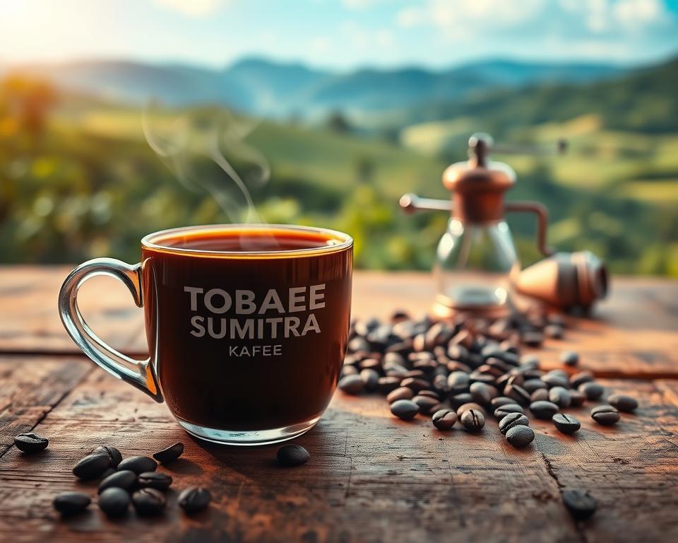 A serene coffee scene featuring a cup of Tobasee Sumatra Kaffee set on a rustic wooden table. In the foreground, the vibrant, earthy tones of freshly brewed coffee are highlighted, with steam gently rising from the cup, creating an inviting atmosphere. The middle ground shows a scattering of fresh coffee beans and a small, elegant coffee grinder. In the background, a lush, green landscape of Sumatra’s coffee farms is visible, with rolling hills and a clear blue sky accentuating the natural beauty of the region. Soft, warm lighting captures the richness of the coffee, while a subtle bokeh effect creates depth. The overall mood is warm and inviting, celebrating the unique culture of Sumatran coffee.