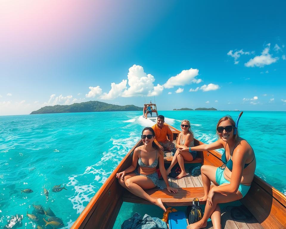 A serene day trip scene from Gili Asahan to nearby islands, showcasing a group of tourists exploring the vibrant turquoise waters on a traditional wooden boat. In the foreground, capture joyful travelers in casual summer attire, enjoying the sun, with snorkeling gear at hand. The middle ground features the boat gracefully cutting through the azure sea, surrounded by colorful coral reefs and schools of fish visible below the water's surface. In the background, depict the lush greenery of Gili Asahan island and distant silhouettes of other islands beneath a clear blue sky, dotted with fluffy white clouds. Soft, warm sunlight bathes the scene, creating a relaxed, inviting atmosphere, perfect for an island adventure. Use a wide-angle lens perspective to enhance the scenic beauty and depth, emphasizing the tranquility of this tropical getaway.