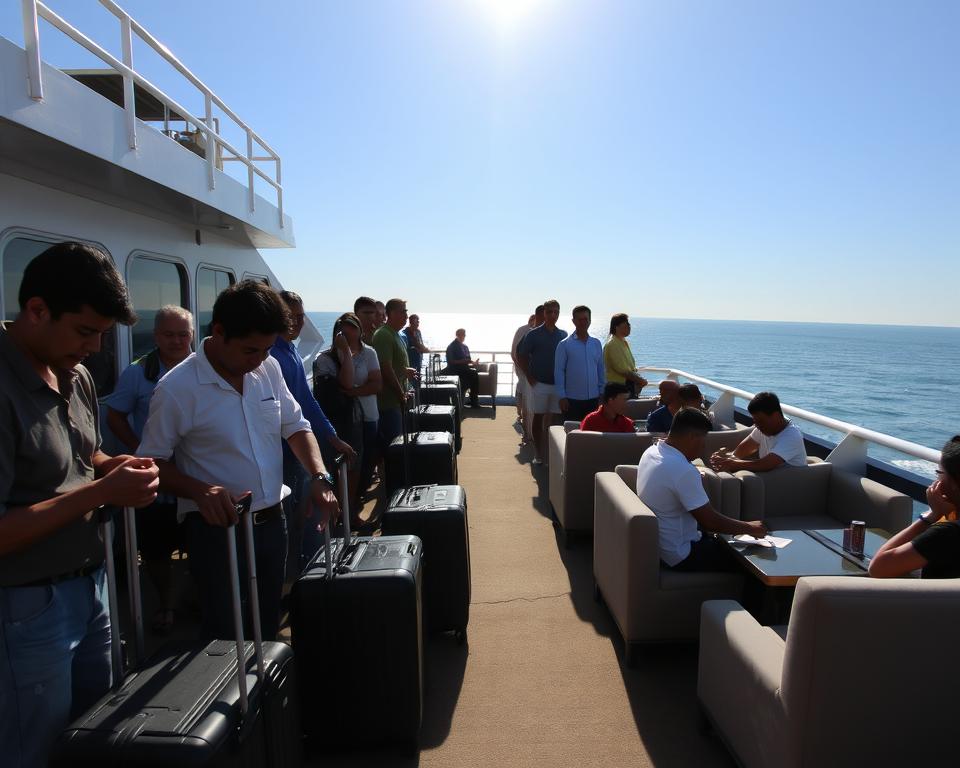 A serene ferry deck scene, showcasing passengers enjoying their journey from Bali to Lombok. In the foreground, a diverse group of travelers dressed in casual but neat attire examines their luggage, ensuring compliance with onboard regulations. In the middle ground, comfortable seating areas are arranged with plush chairs and tables, with a few people engaged in conversation or reading. The background features a tranquil ocean view under a clear blue sky, with sunlight reflecting off the water, creating a warm, inviting atmosphere. Soft shadows from the ferry structure enhance depth without overwhelming the scene. The image captures a sense of relaxation and adventure, ideal for illustrating onboard comfort and luggage guidelines. A serene ferry deck scene, showcasing passengers enjoying their journey from Bali to Lombok. In the foreground, a diverse group of travelers dressed in casual but neat attire examines their luggage, ensuring compliance with onboard regulations. In the middle ground, comfortable seating areas are arranged with plush chairs and tables, with a few people engaged in conversation or reading. The background features a tranquil ocean view under a clear blue sky, with sunlight reflecting off the water, creating a warm, inviting atmosphere. Soft shadows from the ferry structure enhance depth without overwhelming the scene. The image captures a sense of relaxation and adventure, ideal for illustrating onboard comfort and luggage guidelines.
