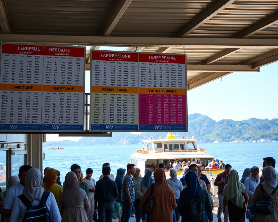 A serene ferry terminal on a sunny day in Indonesia, featuring multiple colorful ferry schedules (fahrpläne) displayed prominently, showcasing various routes and departure times to Lombok and nearby islands. In the foreground, a diverse group of travelers dressed in casual, modest attire is gathered, some checking their schedules. The middle ground includes a ferry docked, with passengers boarding excitedly. The background captures a beautiful view of the calm sea, with lush green hills of Lombok visible in the distance. The scene is bathed in warm, natural sunlight, casting soft shadows and creating a welcoming atmosphere. Shot with a wide-angle lens to capture the bustling terminal, conveying a sense of adventure and anticipation. A serene ferry terminal on a sunny day in Indonesia, featuring multiple colorful ferry schedules (fahrpläne) displayed prominently, showcasing various routes and departure times to Lombok and nearby islands. In the foreground, a diverse group of travelers dressed in casual, modest attire is gathered, some checking their schedules. The middle ground includes a ferry docked, with passengers boarding excitedly. The background captures a beautiful view of the calm sea, with lush green hills of Lombok visible in the distance. The scene is bathed in warm, natural sunlight, casting soft shadows and creating a welcoming atmosphere. Shot with a wide-angle lens to capture the bustling terminal, conveying a sense of adventure and anticipation.