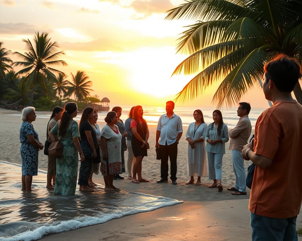 A serene health and safety scene in Jimbaran, Indonesia. In the foreground, a group of diverse travelers of various ethnicities, dressed in modest casual clothing, attentively watching a health and safety presentation given by a local guide in a professional outfit. The middle ground features a lush tropical beach setting, with gentle waves lapping at the shore, and palm trees swaying in the soft tropical breeze. In the background, the vibrant sunset casts warm golden hues across the sky, creating a relaxing atmosphere. The scene captures an essence of harmony, safety, and community, with soft, natural lighting enhancing the inviting ambiance. The angle is a slightly elevated view, giving a comprehensive perspective of the gathering and the beautiful surroundings.