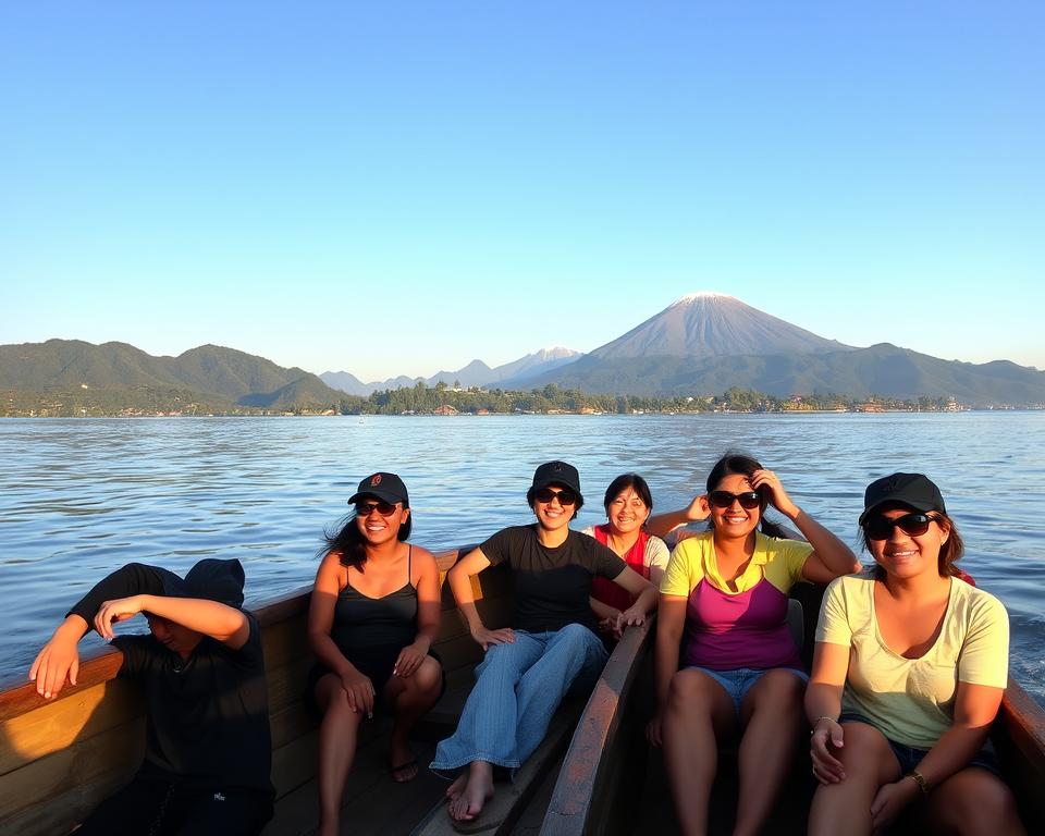 A serene lakeside scene of Samosir Island on Lake Toba, Sumatra, showcasing a vibrant boat tour. In the foreground, a traditional wooden boat with tourists in modest casual clothing enjoying the view, smiling and taking photos. The middle ground features lush green hills and a few quaint villages dotted along the shore. The background reveals the stunning volcanic landscape and a clear blue sky reflecting on the calm waters of Lake Toba. Soft, warm lighting suggests a golden afternoon glow, enhancing the tranquil ambiance. The scene captures the essence of adventure and natural beauty, inviting viewers to explore and appreciate the breathtaking landscapes of Sumatra's Toba region.