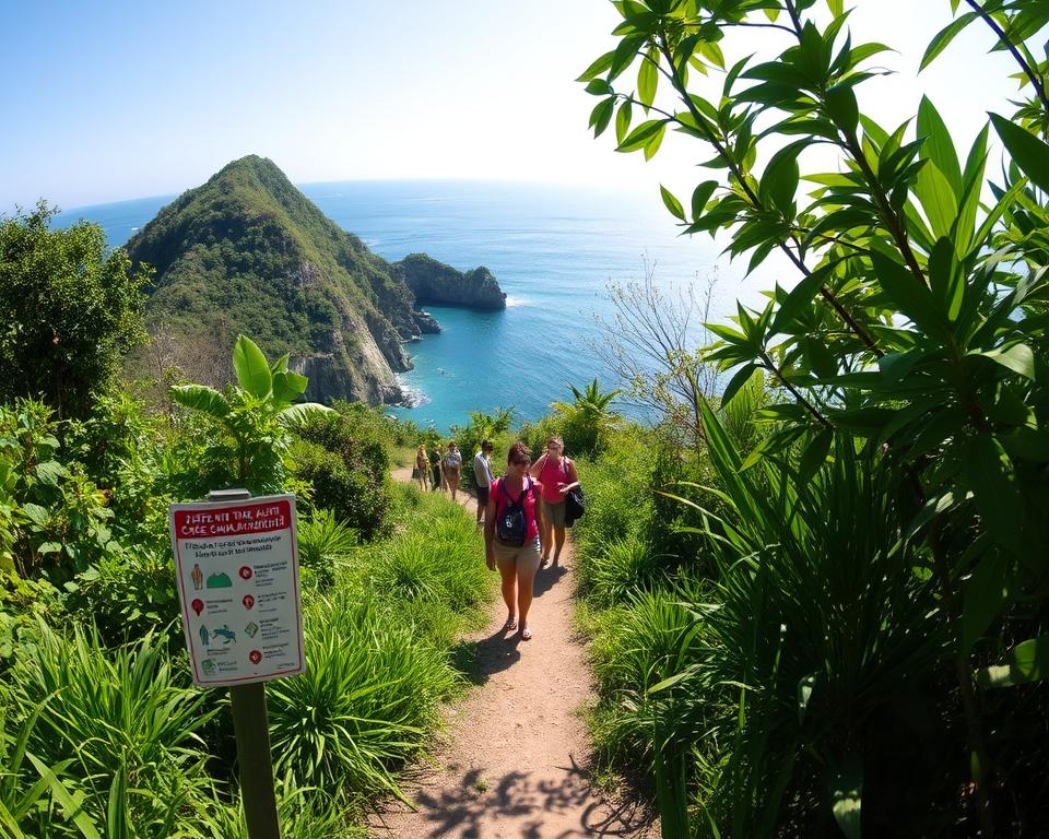 A serene landscape depicting Menjangan Island, focusing on safety and health precautions. In the foreground, a well-marked hiking trail with clear signage guides travelers through lush tropical vegetation. Mid-ground features a small group of tourists dressed in modest casual clothing, engaging in responsible outdoor activities, like observing wildlife at a safe distance. In the background, the crystal-clear waters surrounding the island glisten under bright, natural sunlight, framed by rocky cliffs and vibrant greenery. The atmosphere is calming and inviting, with a slight breeze rustling the leaves. The scene is captured in soft daylight, using a wide-angle lens to emphasize the beauty and tranquility of Menjangan Island and the importance of safety in this natural paradise.