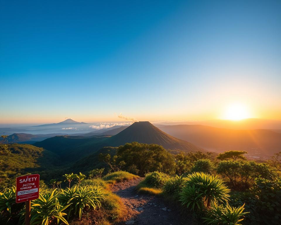 A serene landscape featuring an active volcano in Indonesia, surrounded by lush green hills and dense tropical vegetation. In the foreground, include safety signage indicating safe viewing areas, with a well-marked path leading visitors toward the volcano. The middle ground showcases the majestic volcano, with smoke gently rising from its crater, under a clear blue sky. In the background, add distant mountains and a vibrant sunset, casting warm golden light on the scene. Capture the essence of adventure and caution, highlighting the beauty of nature while emphasizing its potential danger. Use soft, natural lighting to enhance the mood, and choose a wide-angle perspective to encompass the vastness of the landscape. A serene landscape featuring an active volcano in Indonesia, surrounded by lush green hills and dense tropical vegetation. In the foreground, include safety signage indicating safe viewing areas, with a well-marked path leading visitors toward the volcano. The middle ground showcases the majestic volcano, with smoke gently rising from its crater, under a clear blue sky. In the background, add distant mountains and a vibrant sunset, casting warm golden light on the scene. Capture the essence of adventure and caution, highlighting the beauty of nature while emphasizing its potential danger. Use soft, natural lighting to enhance the mood, and choose a wide-angle perspective to encompass the vastness of the landscape.