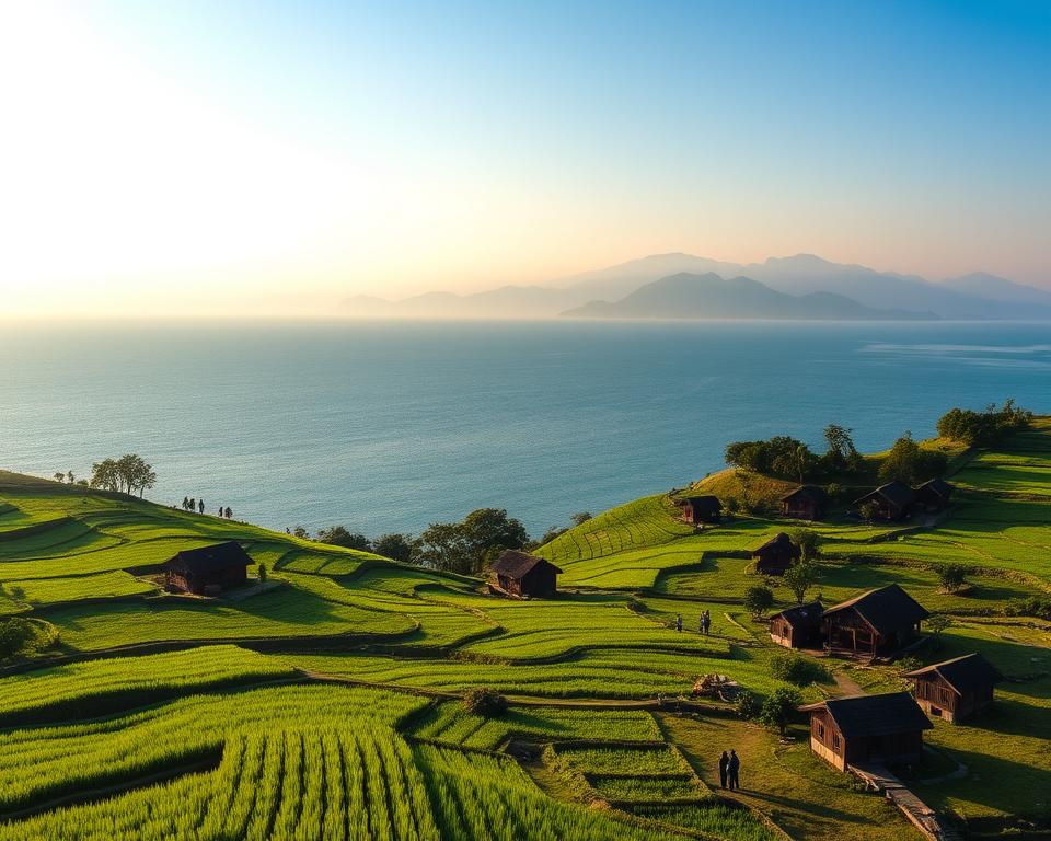 A serene landscape of Lake Toba, Sumatra during the best travel season, showcasing its stunning beauty. In the foreground, lush green rice paddies and small traditional villages with wooden houses, possibly with people in modest clothing engaging in daily activities. The middle ground features the expansive blue lake with gentle waves reflecting the vibrant sky. In the background, the majestic Samosir Island rises with rolling hills, partly shrouded in light mist. The sky is clear with soft, golden sunlight casting a warm glow, creating a tranquil and inviting atmosphere. Use a wide-angle lens to capture the sweeping vista and emphasize the vastness of nature, while maintaining a sense of peace and tranquility that invites exploration.