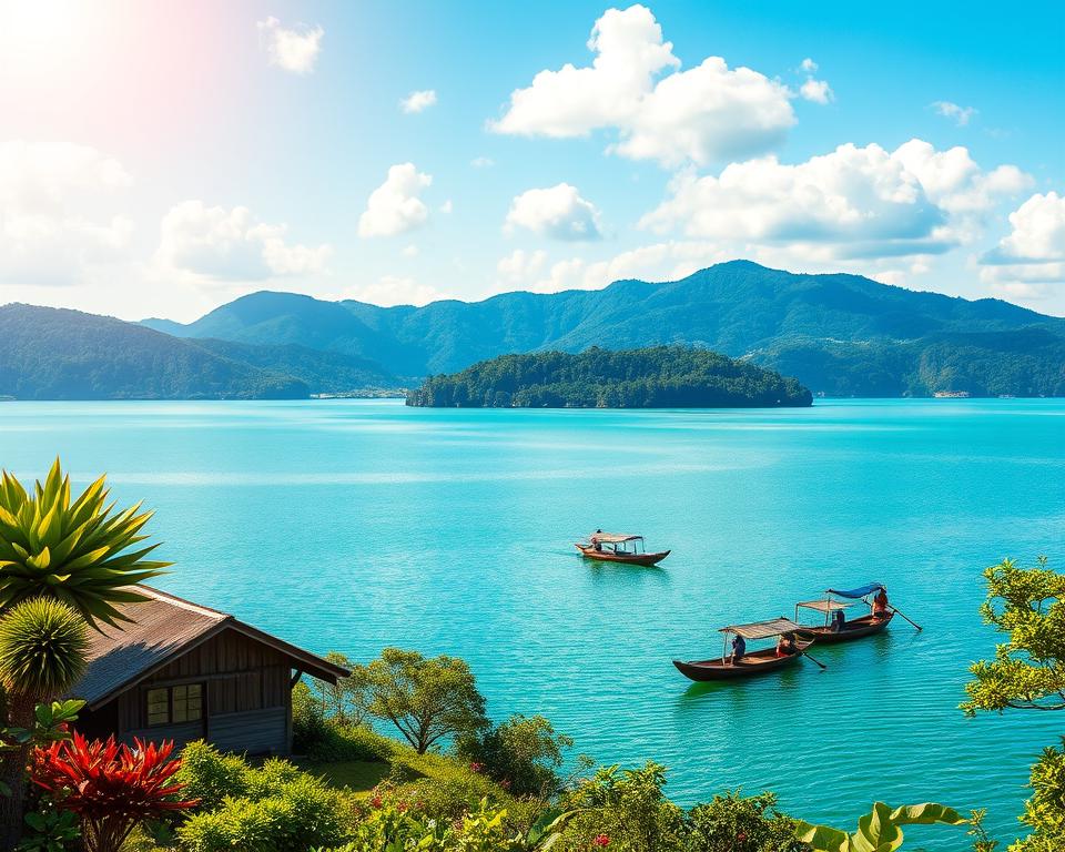 A serene landscape of Lake Toba in Sumatra, showcasing its stunning turquoise waters and surrounding lush green hills. In the foreground, a traditional Batak wooden house is nestled among vibrant tropical flora, giving a glimpse into local culture. The middle ground reveals fishermen in small wooden boats casting their nets, emphasizing the lake's richness. In the background, the majestic Samosir Island rises, covered in dense forests under a blue sky dotted with fluffy white clouds. Soft, golden sunlight bathes the scene, casting gentle reflections on the water's surface, creating a tranquil and inviting atmosphere. The image conveys a sense of adventure and exploration, ideal for anyone looking to discover the beauty of Toba Lake, Sumatra.