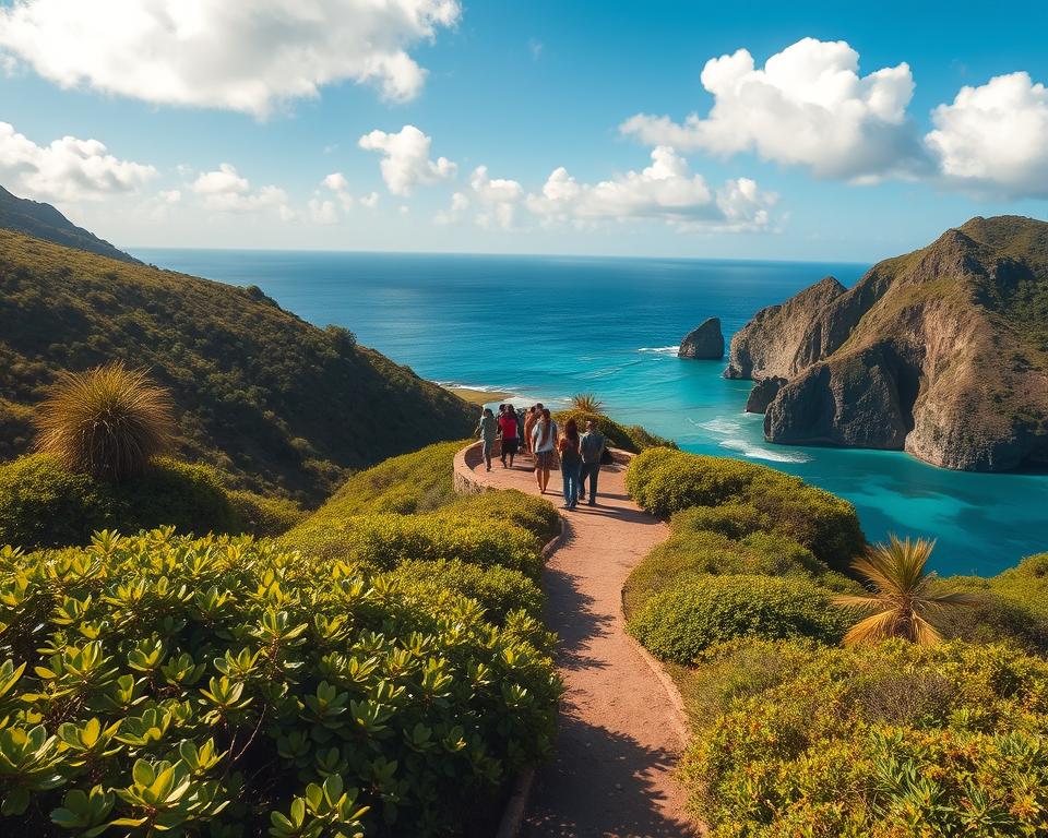 A serene landscape of Loh Liang in Komodo National Park during the optimal travel season. In the foreground, depict lush green hills and native flora under soft, warm sunlight, casting gentle shadows. In the middle ground, showcase a path leading towards a viewing point, where visitors can observe Komodo dragons in their natural habitat, all dressed in casual but respectful clothing. The background features dramatic cliffs and crystal-clear turquoise waters, with a clear blue sky dotted with fluffy white clouds. The overall atmosphere is peaceful and inviting, encouraging exploration and appreciation of nature's wonders. Capture this scene with a wide-angle lens to emphasize the grandeur of the landscape, with a focus on lighting that highlights the vibrancy of the colors, creating a tranquil yet adventurous mood.