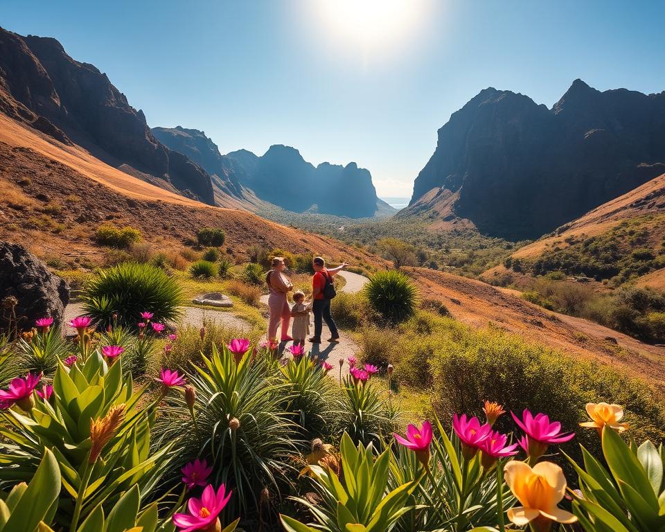 A serene landscape of Loh Liang in Komodo National Park, showcasing the rugged terrain and lush greenery typical of the area. In the foreground, a diverse array of tropical plants and vivid flowers create a vibrant setting. The middle ground features a winding path leading through the park, with a small group of travelers dressed in modest casual clothing, observing the unique wildlife, like Komodo dragons and various bird species. In the background, dramatic cliffs rise against a clear blue sky, with soft, golden sunlight illuminating the scene, creating a warm and inviting atmosphere. The view captures the essence of adventure and natural beauty, inviting exploration. The image should have a wide-angle perspective, emphasizing the grandeur of this unspoiled environment.