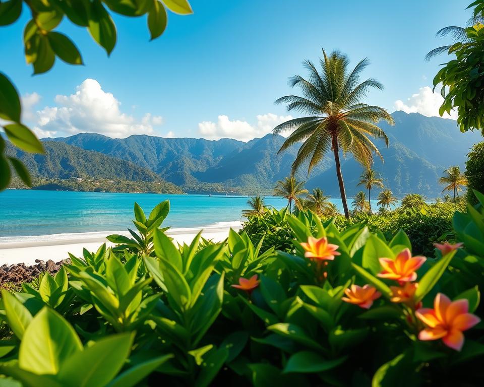 A serene landscape of the Molukken Islands, capturing a lush tropical climate. In the foreground, vibrant green foliage and colorful tropical flowers frame the scene. The middle ground features a tranquil beach with soft white sand, gentle waves lapping at the shore, and a few palm trees swaying in the breeze. In the background, majestic mountains covered in dense rainforest rise under a clear blue sky. Soft, natural sunlight bathes the entire scene, creating a warm and inviting atmosphere. The angle is slightly elevated, providing a panoramic view that emphasizes the islands' beauty. The overall mood is peaceful and inviting, conveying the ideal destination for travel and relaxation.