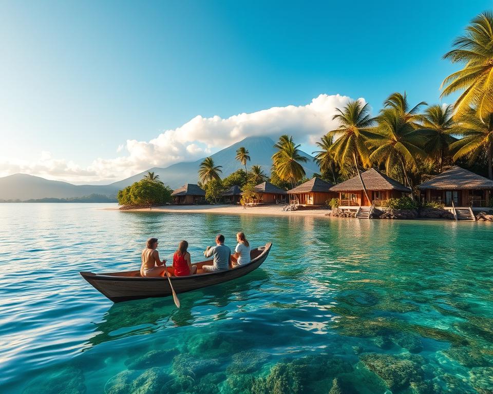 A serene landscape showcasing sustainable tourism in Indonesia, featuring a lush, green tropical island with clean beaches and crystal-clear waters. In the foreground, a small wooden boat with tourists in modest casual attire, observing the stunning coral reefs beneath the surface. The middle ground depicts eco-friendly bungalows nestled among palm trees, utilizing natural materials and solar panels. The background presents distant volcanic mountains, partially obscured by a gentle mist, under a bright blue sky filled with fluffy white clouds. The warm sunlight casts soft reflections on the water, creating a tranquil atmosphere. Capture this scene with a wide-angle lens to emphasize the harmony between nature and eco-tourism, conveying a sense of peace and ecological balance. A serene landscape showcasing sustainable tourism in Indonesia, featuring a lush, green tropical island with clean beaches and crystal-clear waters. In the foreground, a small wooden boat with tourists in modest casual attire, observing the stunning coral reefs beneath the surface. The middle ground depicts eco-friendly bungalows nestled among palm trees, utilizing natural materials and solar panels. The background presents distant volcanic mountains, partially obscured by a gentle mist, under a bright blue sky filled with fluffy white clouds. The warm sunlight casts soft reflections on the water, creating a tranquil atmosphere. Capture this scene with a wide-angle lens to emphasize the harmony between nature and eco-tourism, conveying a sense of peace and ecological balance.
