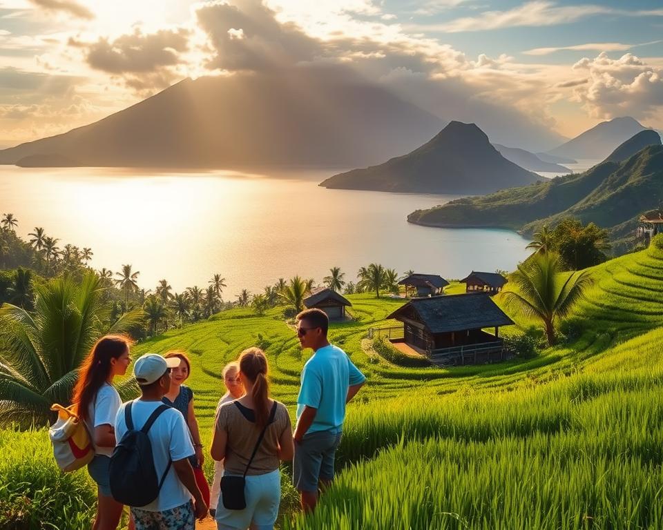 A serene landscape showcasing sustainable tourism on Flores Island, Indonesia. In the foreground, a group of travelers dressed in modest casual clothing are participating in a local eco-tour, interacting with a friendly local guide amidst lush green rice terraces. The middle ground features traditional thatched-roof huts nestled among vibrant tropical flora, while a tranquil blue sea sparkles under the warm sunlight in the background. Majestic volcanic mountains rise in the distance, partially shrouded in mist. The scene is bathed in soft, natural lighting during the golden hour, creating a warm and inviting atmosphere. Capture the essence of tranquility, respect for nature, and cultural connection, focusing on the harmonious relationship between humans and the stunning Indonesian landscape.