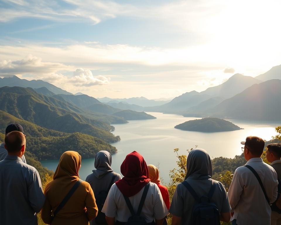 A serene landscape showcasing the breathtaking Toba Lake in Sumatra, framed by lush green hills and dramatic volcanic mountains in the background. In the foreground, a group of modestly dressed tourists gazes out over the water, capturing the natural beauty surrounding them. The sunlight casts a warm golden glow over the scene, enhancing the vibrant colors of the greenery and the deep blue of the lake. The sky is a mix of soft clouds and clear blue, inviting a sense of tranquility. The shot is taken from a slightly elevated angle, providing a sweeping view that conveys the scale and majesty of the area. The overall atmosphere is peaceful and inviting, ideal for inspiring exploration and appreciation of this stunning destination.