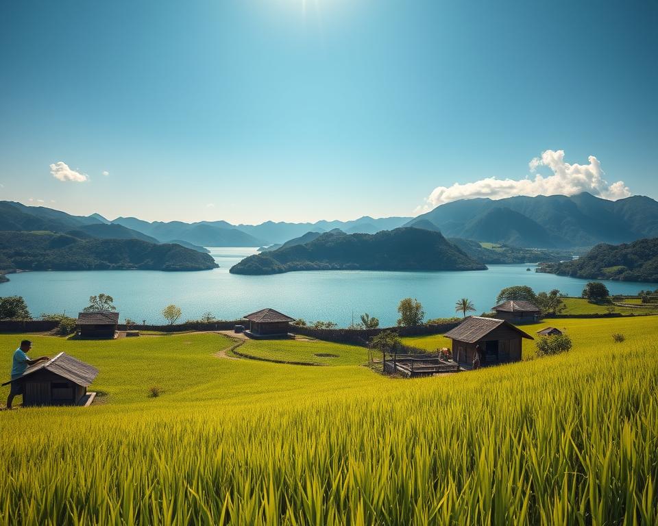 A serene landscape showcasing the picturesque Toba Lake in Sumatra, Indonesia. In the foreground, lush green rice fields gently sway in the breeze, dotted with modest wooden huts and a few local farmers wearing casual clothing, tending to the crops. The middle ground features the sparkling blue waters of Lake Toba, framed by rolling, verdant hills that rise majestically in the background. A clear sky in soft morning light casts a warm glow over the scene, reflecting the tranquility of the area. Subtle clouds drift lazily, creating a peaceful atmosphere ideal for travelers discussing their budget plans. The image is shot with a wide-angle lens to capture the expansive beauty and inviting feel of this hidden gem.