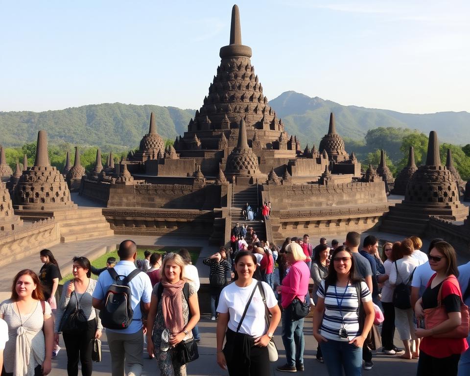 A serene morning scene at Borobudur Temple, showcasing its magnificent stone structure with intricate carvings and stupas. In the foreground, a diverse group of visitors, dressed in modest casual clothing, are exploring and taking photos, their expressions showing awe and curiosity. In the middle, the majestic tiers of the temple rise, adorned with beautifully detailed reliefs depicting Buddhist teachings. The background features lush green hills and a clear blue sky, adding to the tranquility of the setting. Soft, warm sunlight bathes the scene, highlighting the textures of the stone and the vibrant colors of the visitors' outfits. The atmosphere is peaceful and reflective, inviting contemplation and connection with the historical significance of this UNESCO World Heritage site.