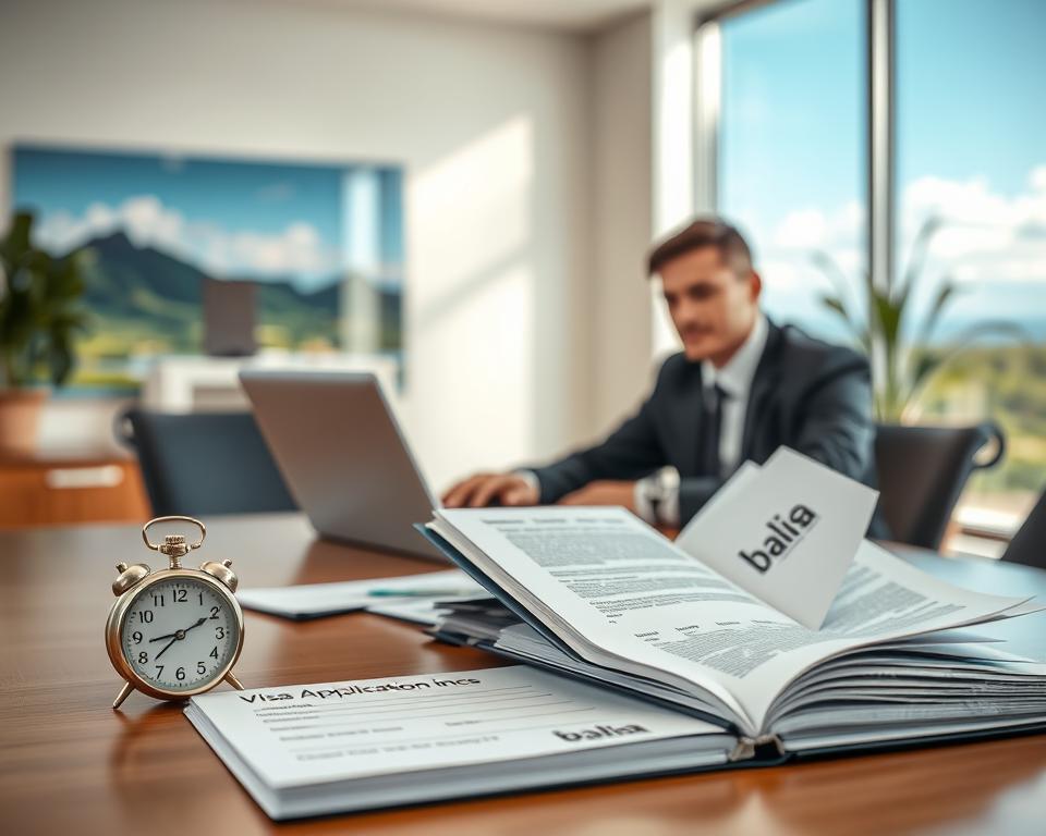 A serene office setting showcasing the process of applying for a Bali visa. In the foreground, a professional-looking person in business attire is sitting at a desk, diligently reviewing documents on a laptop. The middle layer features an open visa application booklet, along with a clock displaying the processing time, symbolizing waiting periods. The background has a soft-focus image of a tropical Bali landscape, hinting at the destination. Natural light floods the room, creating a welcoming atmosphere, while the composition is shot from a slightly elevated angle to capture both the desk and the beautiful scenery outside. The mood should be optimistic and focused, emphasizing the anticipation of travel.