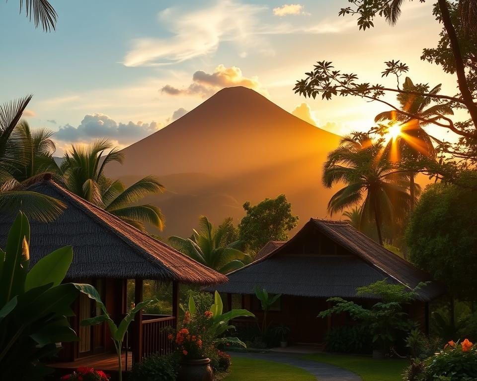 A serene scene depicting a cozy accommodation nestled at the foot of a majestic Indonesian volcano. In the foreground, a traditional wooden bungalow with a thatched roof is surrounded by lush tropical greenery and vibrant flowers. The middle view showcases gently sloping volcanic landscapes, with the volcano itself rising prominently in the background, under a sky painted with the warm hues of sunset. Soft, golden light filters through the trees, casting gentle shadows. The atmosphere is tranquil and inviting, hinting at adventure and exploration. Captured from a slightly elevated angle to encapsulate the beauty of the surroundings, the image aims to evoke a sense of wanderlust and comfort. A serene scene depicting a cozy accommodation nestled at the foot of a majestic Indonesian volcano. In the foreground, a traditional wooden bungalow with a thatched roof is surrounded by lush tropical greenery and vibrant flowers. The middle view showcases gently sloping volcanic landscapes, with the volcano itself rising prominently in the background, under a sky painted with the warm hues of sunset. Soft, golden light filters through the trees, casting gentle shadows. The atmosphere is tranquil and inviting, hinting at adventure and exploration. Captured from a slightly elevated angle to encapsulate the beauty of the surroundings, the image aims to evoke a sense of wanderlust and comfort.