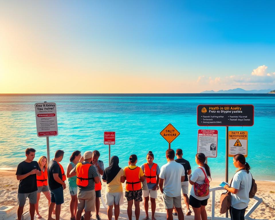 A serene scene depicting the concept of health and safety on Gili Asahan, featuring a pristine beach with crystal-clear waters and a stunning sunset in the background. In the foreground, a diverse group of people, dressed in modest casual clothing, are practicing safety measures such as applying sunscreen, using life jackets, and engaging in a first aid demonstration. The middle ground showcases well-maintained signs indicating safety guidelines and health advisories, along with friendly locals offering assistance. The atmosphere is bright and inviting, with soft golden lighting from the setting sun, emphasizing a sense of tranquility and preparedness. The composition is angled slightly from above to capture both the vibrant colors of the scenery and the proactive approach to safety, ensuring a harmonious blend of natural beauty and human activity.